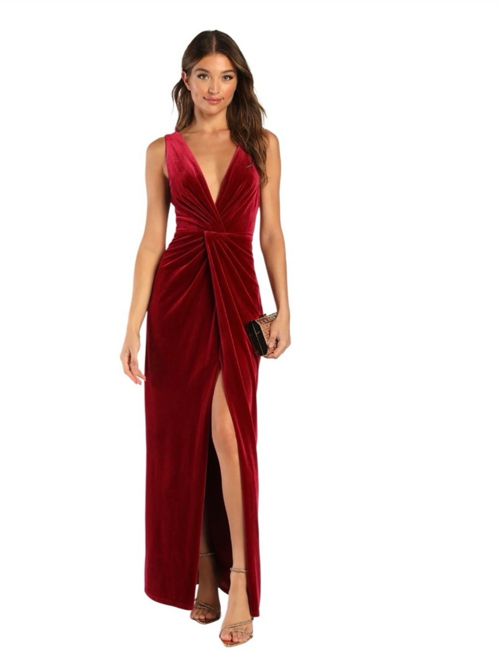 LULUS Beautiful Evenings Wine Red Velvet Twist-Front Maxi Dress Size Large NEW
